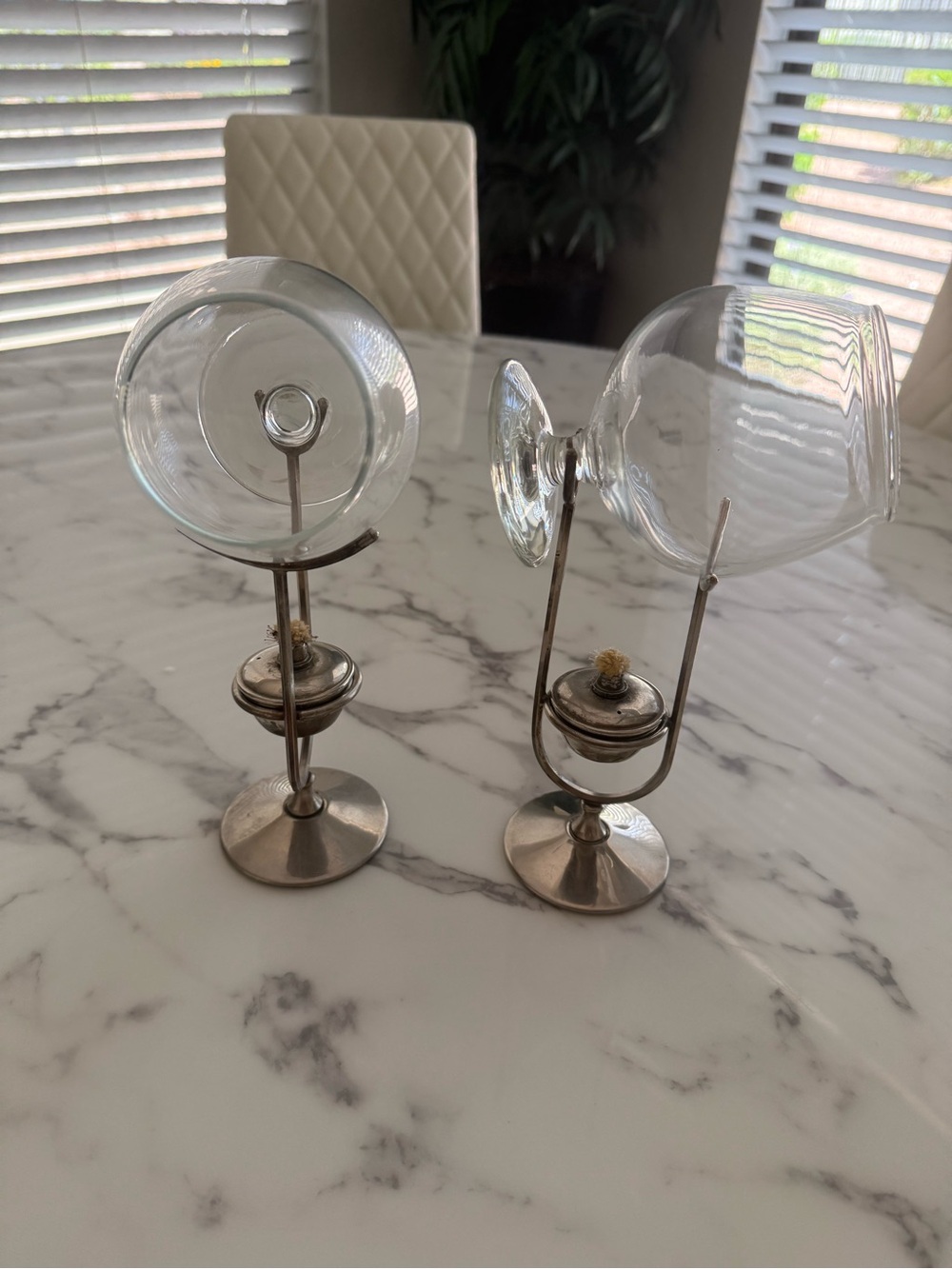 Clear Glass Cloche Brandy warmer snifter with Silver Metal Stands set 2 for $30